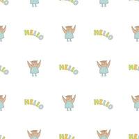 Hand drawn cute animals. Seamless pattern. Hello. An owl in a blue dress with polka dots and boots. White background. Vector. vector