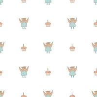 Hand drawn cute animals. Seamless pattern. Cupcake with candle. An owl in a blue dress with polka dots and boots. White background. Vector. vector
