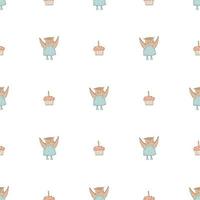 Hand drawn cute animals. Seamless pattern. Cupcake with candle. An owl in a blue dress with polka dots and boots. White background. Vector. vector