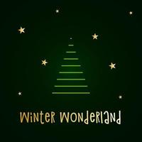 silueta verde de un árbol de navidad con nieve y estrellas doradas. feliz navidad y próspero año nuevo 2022. ilustración vectorial. las maravillas de invierno. vector