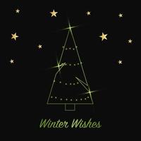 Sparkling Christmas Tree with shiny dust. Green Metallic outline icon on a dark background. Merry Christmas and Happy New Year 2022. Vector illustration. Winter Wishes.