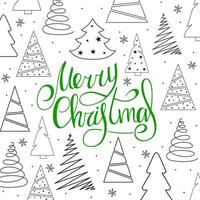 Merry Christmas. Green Handwritten lettering with Christmas trees and snowflakes on a white background. New Year 2022. vector