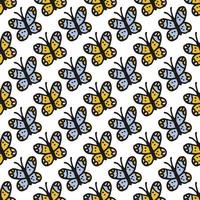 Seamless pattern. Doodle style hand drawn. Nature elements. Yellow and blue butterflies on a white background. vector