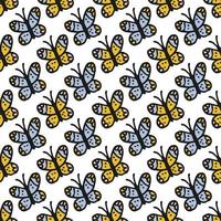 Seamless pattern. Doodle style hand drawn. Nature elements. Yellow and blue butterflies on a white background. vector