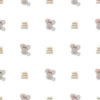 Hand drawn cute animals. Seamless pattern. A mouse with a pink bow and a heart, cake with candles. White background. Vector. vector