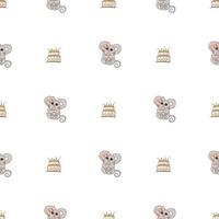 Hand drawn cute animals. Seamless pattern. A mouse with a pink bow and a heart, cake with candles. White background. Vector. vector