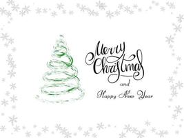 Handwritten black lettering on a white background. Magic green spiral Christmas treewith gray snowflakes. Merry Christmas and Happy New Year 2022. vector