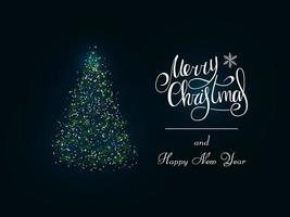 Handwritten white lettering with snowflake on a dark blue background. Magic green Christmas tree of snowflakes. Merry Christmas and Happy New Year 2022.