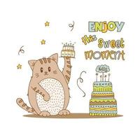 Hand drawn cute animals with lettering. Cat with cake with candles. Enjoy this sweet moment. White background. Vector. vector