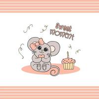 Hand drawn cute animals with lettering. A mouse with a pink bow and a heart. Cupcake with candle. Sweet moment. White background. Vector. vector