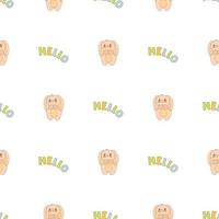 Hand drawn cute animals. Seamless pattern. A bunny with striped ears and a belly. Hello. White background. Vector. vector