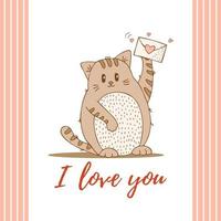 Hand drawn cute animals with lettering. Cat with envelope with heart. I love you. White background. Vector. vector