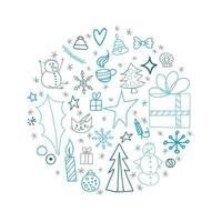 Set of winter doodle elements. Blue hand-drawn objects in the form of a circle on a white background. Merry Christmas and Happy New Year 2022. vector