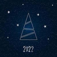 Silver silhouette of a Christmas tree with snow and stars on a dark blue background. Merry Christmas and Happy New Year 2022. Vector illustration.