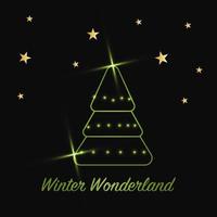 Sparkling Christmas Tree with shiny dust. Green Metallic outline icon on a dark background. Merry Christmas and Happy New Year 2022. Vector illustration. Winter Wonderland.