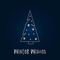 Silver silhouette of a Christmas tree with stars on a dark blue background. Merry Christmas and Happy New Year 2022. Vector illustration. Winter Wishes.