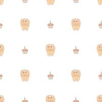 Hand drawn cute animals. Seamless pattern. A bunny with striped ears and a belly, cupcake with candle. White background. Vector. vector