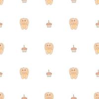 Hand drawn cute animals. Seamless pattern. A bunny with striped ears and a belly, cupcake with candle. White background. Vector. vector