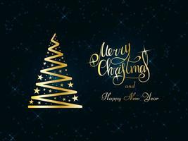 Handwritten golden lettering on a dark blue background. Magic golden Christmas tree with stars. Merry Christmas and Happy New Year 2022.