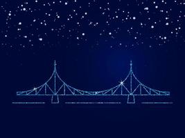 Tver is the city of Russia. The old bridge is the main symbol of the city. Vector illustration. Dark blue background with snowflakes.