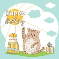 Hand drawn cute animals with lettering. Cat with gift, cake with candles. Happy Birthday. Vector. vector