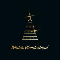 Sparkling Christmas Tree with shiny dust. Golden metallic outline icon with stars on a dark blue background. Merry Christmas and Happy New Year 2022. Golden Metallic. Winter Wonderland. vector