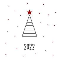 Black silhouette of a Christmas tree with red snow and star. Merry Christmas and Happy New Year 2022. Vector illustration.