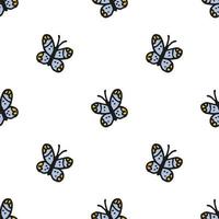 Seamless pattern. Doodle style hand drawn. Nature elements. Blue butterfly on a white background. vector