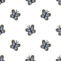 patrón sin costuras. dibujado a mano estilo doodle. elementos de la naturaleza. mariposa azul sobre un fondo blanco. vector