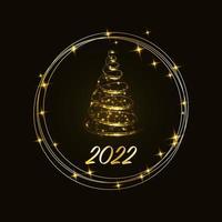 Magic sparkling golden Christmas tree with a bright glowing gold ring on a dark background. Merry Christmas and Happy New Year 2022. Vector illustration.