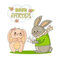 Funny bunny in a jacket and striped scarf with an envelope with a heart with a girl friend with a bow. Hand-drawn doodle illustration. Best Friends. vector