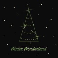 Sparkling Christmas Tree with shiny dust. Green Metallic outline icon on a dark background. Merry Christmas and Happy New Year 2022. Vector illustration. Winter Wonderland.