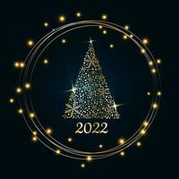 Magic golden Christmas tree of snowflakes with a bright glowing gold ring on a dark blue background. Merry Christmas and Happy New Year 2022. Vector illustration.