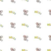 Hand drawn cute animals. Seamless pattern. A mouse with a pink bow and a heart. Hello. White background. Vector. vector