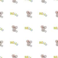 Hand drawn cute animals. Seamless pattern. A mouse with a pink bow and a heart. Hello. White background. Vector. vector