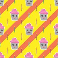 seamless pattern cake design with smile and candle characters. yellow line background. food design for wallpaper, backdrop, cover, sale, sticker and graphic design. vector illustration