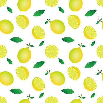 seamless pattern vector illustration of yellow lemon fruit and green leaf design. white background. design for wallpaper,backdrop and print on fabric. modern templates