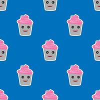 seamless pattern cake design with a smile character. blue background. food design for wallpaper, backdrop, cover, sale, sticker and graphic design. vector illustration