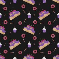 seamless pattern birthday cake and donuts design on black background. food design for wallpaper, backdrop, cover, sale, shop and graphic design. vector illustration