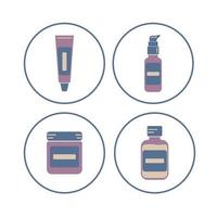 Organic cosmetics icon set. Cream, serum, ubtan, lotion, tonic, gel. Cartoon icons in circles. Flat vector illustration