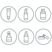 Organic cosmetics icons set. Cream, serum, ubtan, lotion, tonic, gel. Linear flat vector illustration