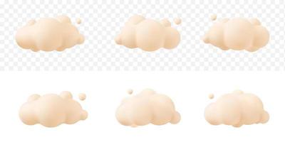 cream 3d realistic clouds set isolated on a tranparent background. Render soft round cartoon fluffy clouds icon in the  sky. 3d geometric shapes vector illustration