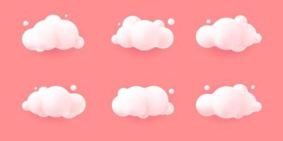 Conjunto de nubes realistas 3d blancas aisladas sobre un fondo rosa pastel. render icono de nubes suaves y esponjosas de dibujos animados redondos en el cielo. Ilustración de vector de formas geométricas 3d