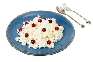 Milk products. Farm cottage cheese with red berries on plate. Studio Photo