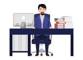 Beautiful businessman freelancer character siting on desk with modern office chair and table with pc laptop computer file folders vector