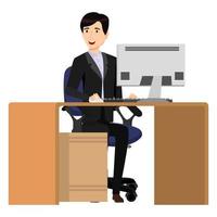 Cute beautiful businessman freelancer character siting on desk with modern office chair and table drawer cabinet with pc computer vector