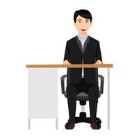 Cute beautiful businessman freelancer character siting on desk with modern office chair and table drawer cabinet vector