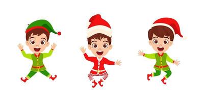 lindo y hermoso personaje de niños con traje de navidad y saludando coloridos y saltando en el cielo del aire vector