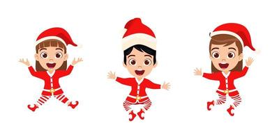 Cute beautiful kid girls character wearing Christmas outfit and waving colorful and jumping on air sky vector