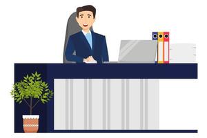 Cute beautiful businessman freelancer character siting on desk with modern office chair and table drawer cabinet with pc laptop computer file folder with house plants vector